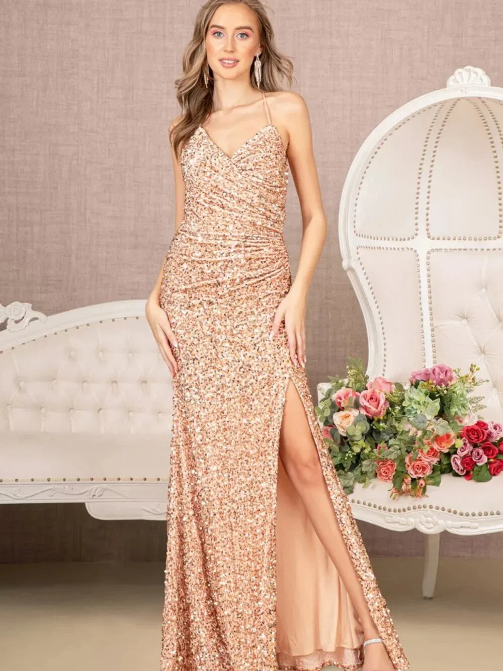 NEW GOLD Lace & Sequin Halter Prom Gown Floor Length Formal GL3080
